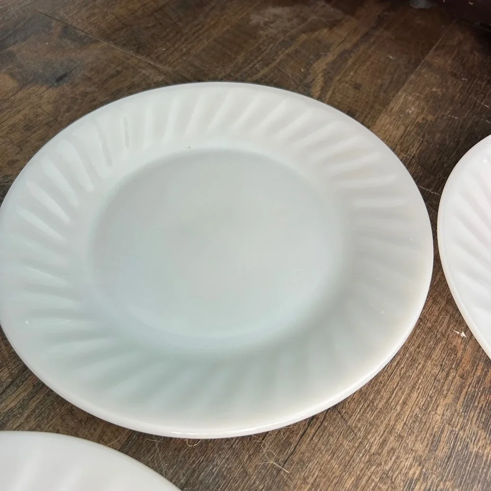 Vintage Fire-King Ivory Swirl Milk Glass 9 Inch Dinner Plates Set of 4 USA MCM
